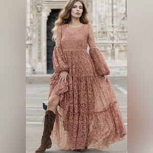 JOYFOLIE Mia Joy Ember Lace Ruffle Maxi Dress - Desert Sand - XL